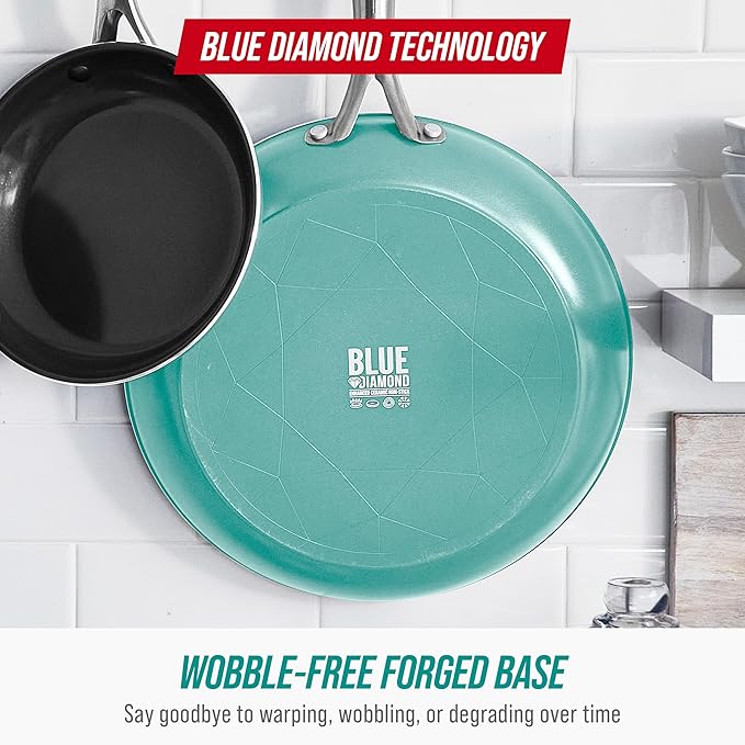 Blue Diamond Frying Pan 8” Skillet, Diamond Infused Healthy Ceramic Nonstick, PFAS and PFOA-Free, Dishwasher and Oven Safe, Even Heating, Metal Utensil Safe, Warp Control Base, Turquoise