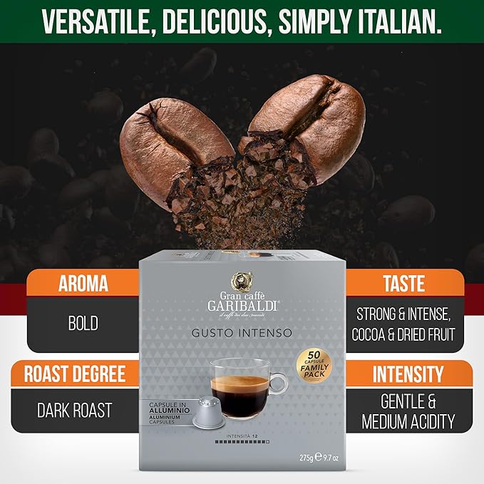 Gran Caffè Garibaldi Espresso Pods, Italian Roasted Coffee, Compatible Nespresso Original Line Machines, Nitrogen Flushed, Strong & Intense, Cocoa & Dried Fruit, Dark Roast - Gusto Intenso (Aluminum) 50 Cups
