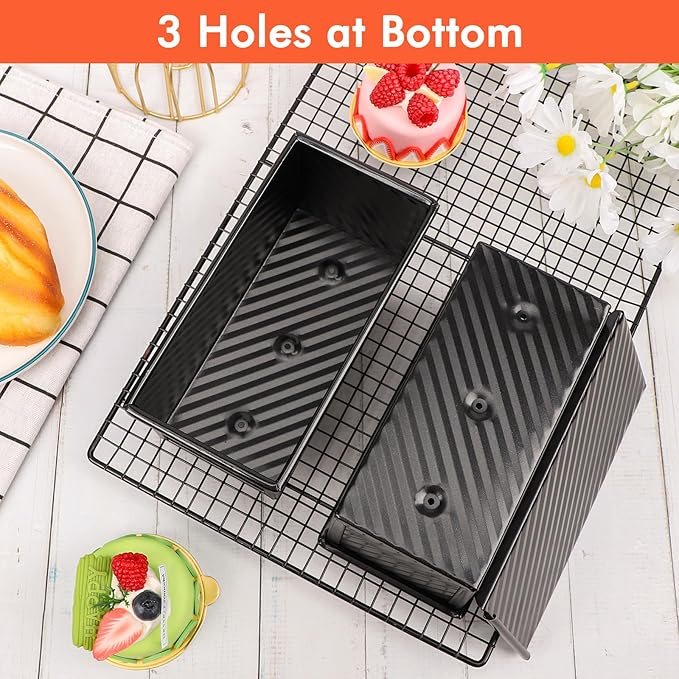 Beasea Pullman Loaf Pan with Lid, 2 Pack 0.5 lb Small Non-Stick Bread Loaf Pans Carbon Steel Mini Bread Toast Box for Homemade Bread Toast Oven Baking - Black