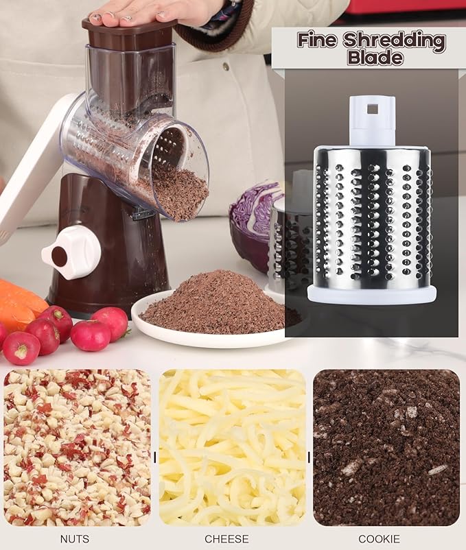 Ourokhome Rotary Cheese Grater Hand Crank, Kitchen Shredder Speed Mandolin Slicer Nut Grinder with Handle and Drum Blades for Cheese, Vegetable, Walnuts, Chocolate, Potato, Carrot,3 Blades, Coffee