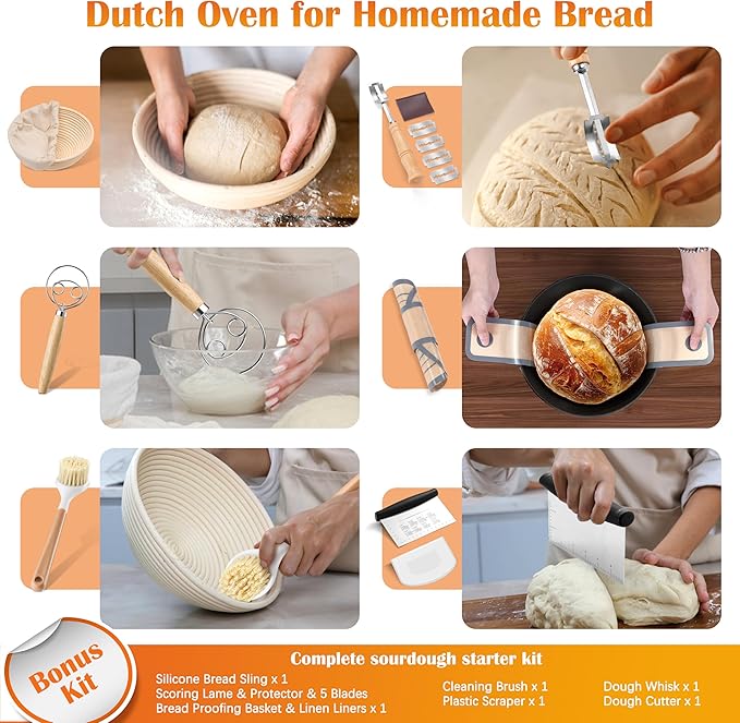 E-far 5QT Dutch Oven for Bread Baking, 2-IN-1 Cast Iron Pot with Skillet Lid & Sourdough Starter Kit, Bread Oven Pan with Baking Supplies for Frying, Braising, BBQ, Rust-Free & Heavy Duty