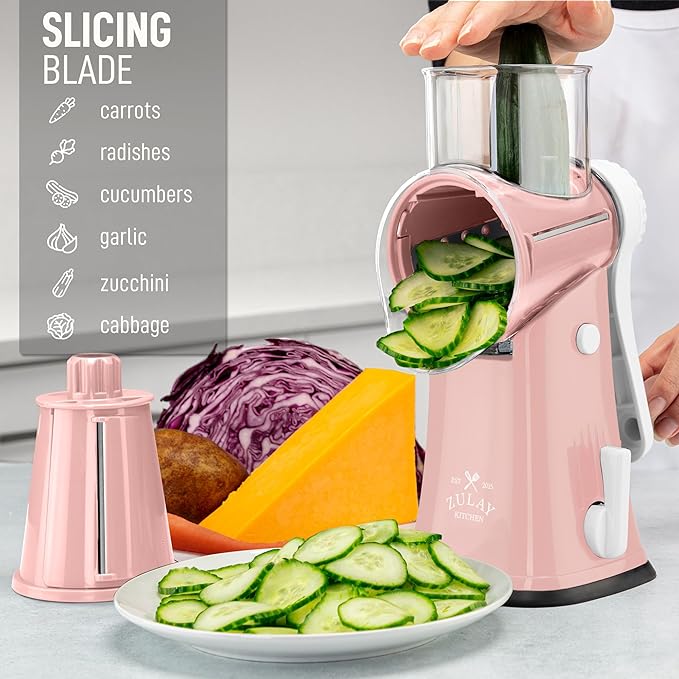 Zulay Kitchen Rotary Cheese Grater 5 Blade Cheese Shredder - Manual Hand Crank Cheese Grater With Reinforced Suction & 5 Interchangeable Drums - Easy to Use, Vegetable Chopper Round Mandoline Slicer