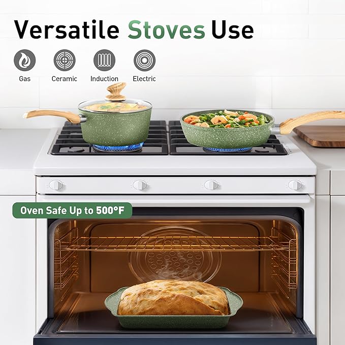 Kitchen Academy 17Pcs Sage Green Pots and Pans Set Non Stick, Induction Kitchen Cookware Sets, Nonstick Granite Cooking Pans Set with PFOA&PFOS Free