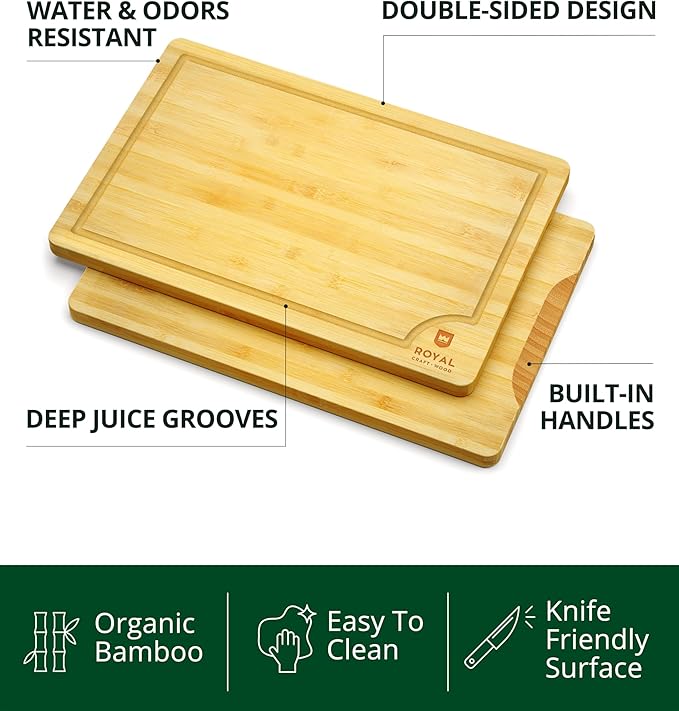 ROYAL CRAFT WOOD Bamboo Cutting Board Gift Set – 3-Piece Reversible Wooden Boards with Deep Juice Groove & Handles – Premium Charcuterie & Butcher Blocks for Kitchen – Holiday Gift-Ready Packaging