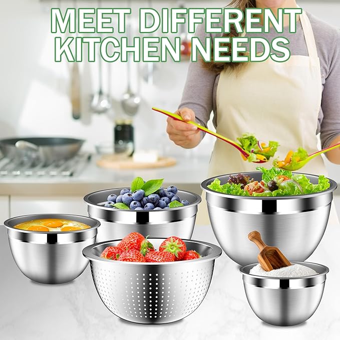 Mixing Bowls with Lids Set, Stainless Steel Mixing Bowls with Colander, Strainer with Mixing Bowl Set, Kitchen Gadgets Bowl Christams Gift, Size 4.5, 2.5, 2, 1.5QT - Black