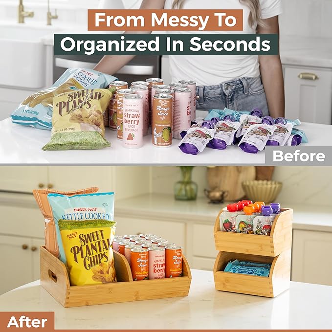 Potato and Onion Storage Bin for Pantry and Kitchen Counter - Ventilated Stackable Bamboo Organizer Baskets with Handles - Multipurpose Organization Containers for Fruit, Vegetable, Pantry - 3 Pack