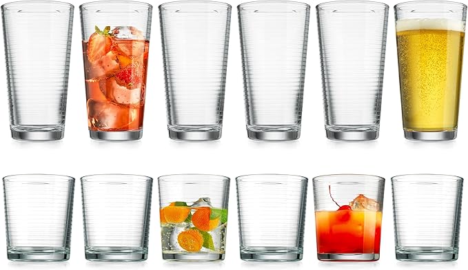 Glaver's Drinking Glasses Set of 12. Everyday Drinking Glasses. Mixed Drinkware Sets 6-17 oz Tall Kitchen Glass Cups, and 6-13 Oz Rocks Glasses. Ribbed Glassware Sets for Cocktail Beer Juice Water.