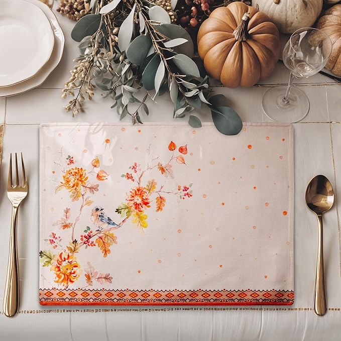 Maison d' Hermine Placemats Set of 4 100% Cotton Washable Cloth Place Mats, Reusable Table Mats for Thanksgiving Christmas Decorations Kitchen Dining Party Wedding (Kelim - Prairie, 13" x 19")