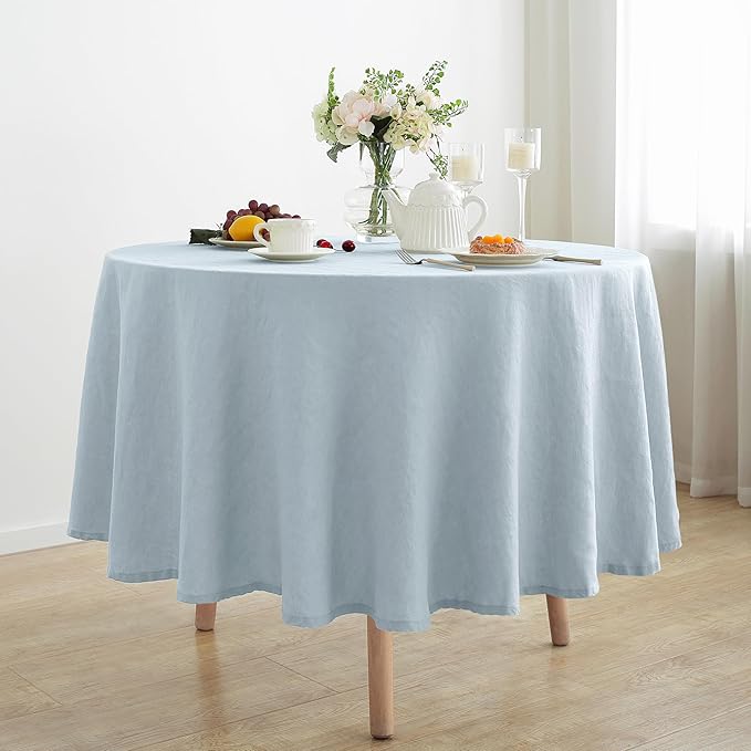 Linen World Blue Linen Tablecloth - 100% French Linen Round Tablecloth 90" Inch, Washable Natural Tablecloth for Dining, Outdoor, Weddings and Restaurants, Decorative Valentine Easter - Mist Blue