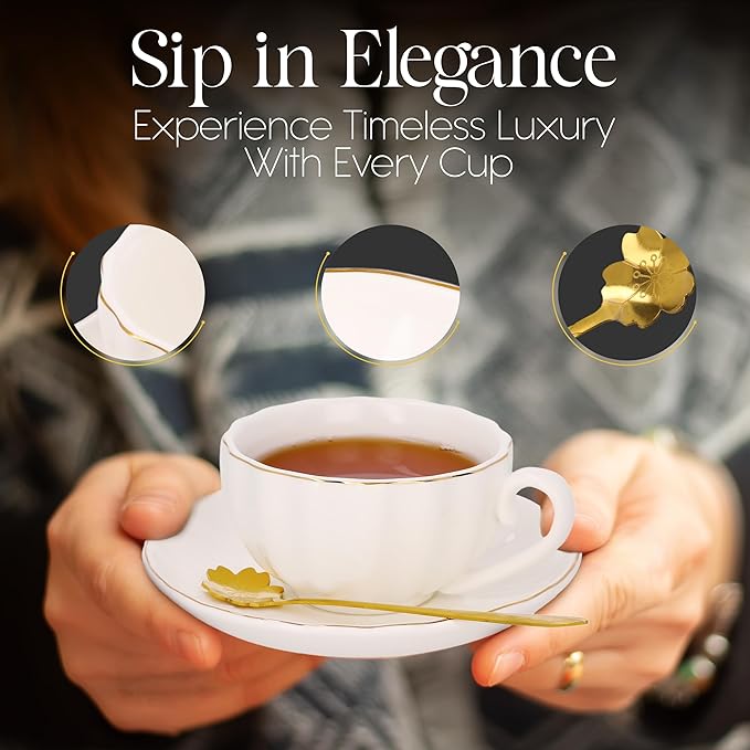 8oz Cappuccino Cups Set of 4 – Porcelain Gold Rimmed White 4 Cappuccino Cup and Saucer Set & Gold Spoons, Latte Cups, Coffee & Tea Mug and Saucer Set