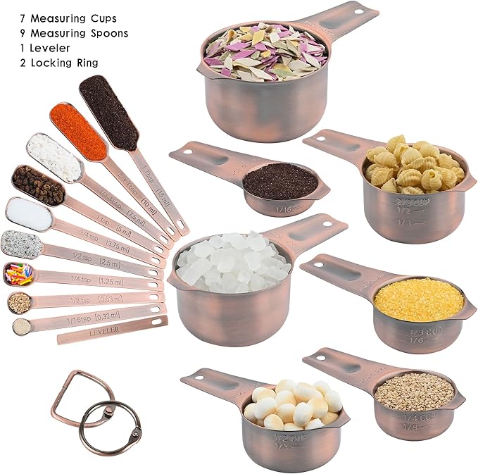 Measuring Cups and Spoons Set, Copper Plated Measuring Cups Spoons, Stainless Steel 7 Measuring cups and 9 Measuring Spoons 1 Leveler for Baking and Kitchen, Metal Copper Measure Cups&Spoons