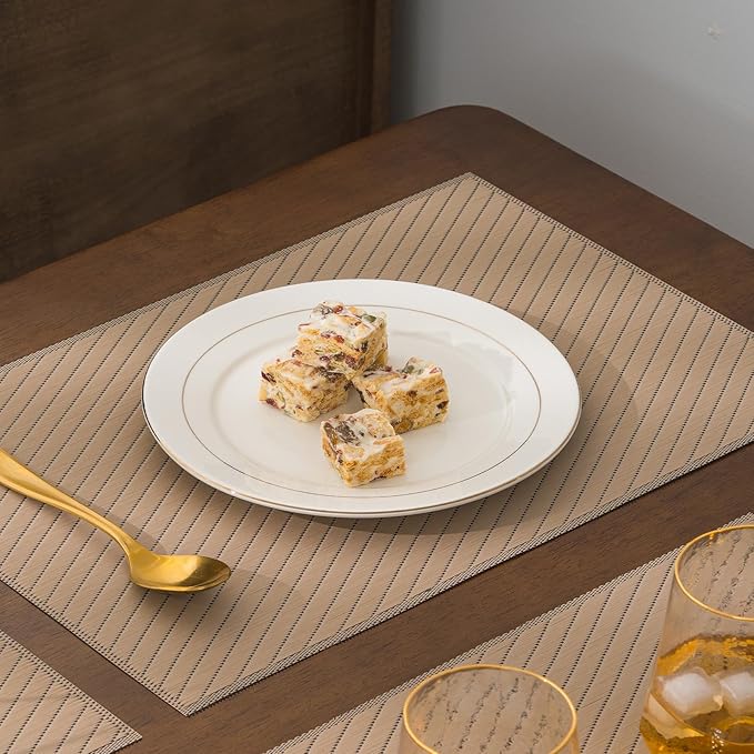 BACKTOEDEN Placemats Set of 6 Heat Resistant Washable Wipeable Placemat Woven Non-Slip Foldable Vinyl/Plastic Place Mats Indoor/Outdoor Mat Kitchen Dining Table Pad, Khaki Twill