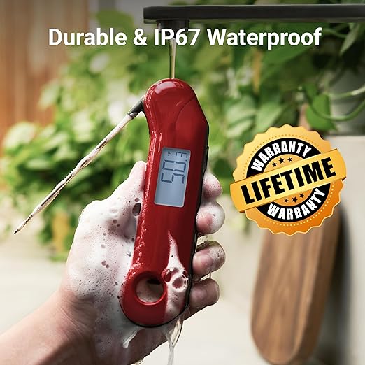 ThermoMaven Professional Digital Meat Thermometer, Ultra Fast 0.5 Sec Instant Read, NIST Certified Accurate to ±0.5°F, IP67 Waterproof, Backlit & Auto-Rotating Display, Auto Wake/Sleep, Dark Red&Gray