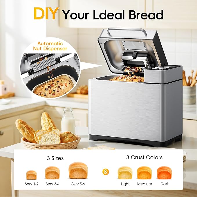 2LB & 1.5LB Bread Maker Machine, 19-in-1 Automatic with 3 Crust Colors, 3-Step Beginner-Friendly Operation, Keep Warm, Programmable Delay Timer for Homemade Bread, Silver