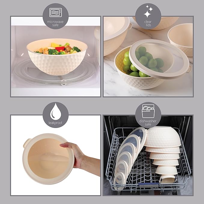 COOK WITH COLOR Mixing Bowls with Lids - 12 Piece Plastic Nesting Bowls Set includes 6 Prep Bowls and 6 Lids, Non Slip Bottom and Embossed Design - Microwave Safe (Cream)