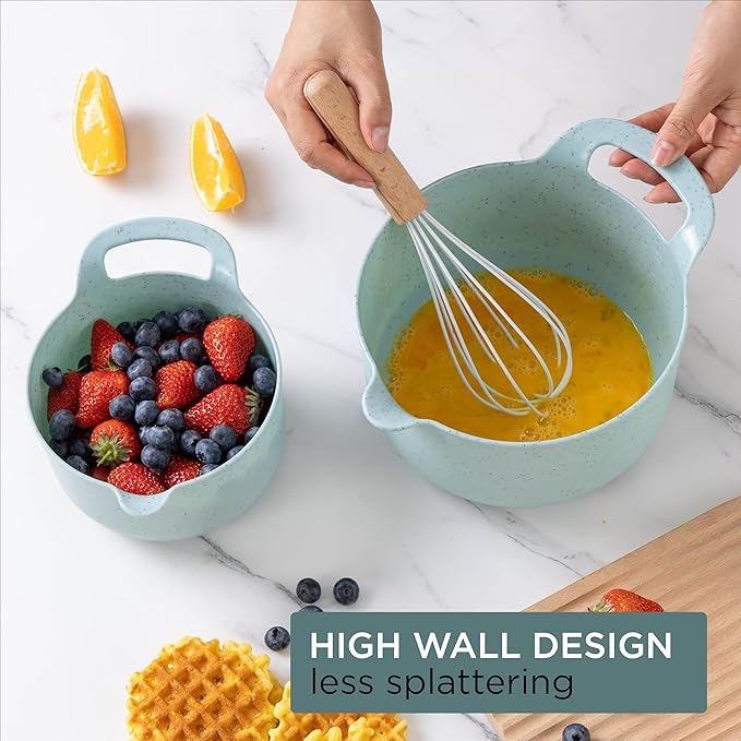 COOK WITH COLOR Nesting Plastic Mixing Bowl Set with Pour Spouts and Handles, Speckled Mint, 4 Piece Non-Slip