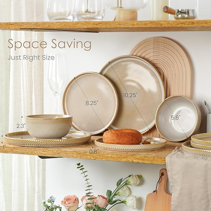 Stoneware Dinnerware Sets for 4, 12-Piece Scratch Resistant Plates and Bowls Set, Dishwasher and Microwave Safe Ceramic Dishes Set, Ribbed, Sculpted Dune