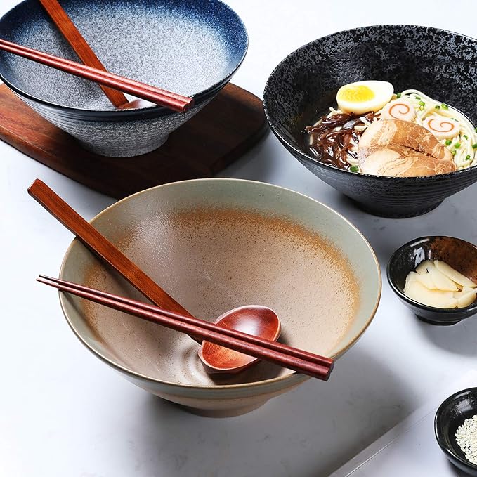 NJCHARMS Ramen Bowls, Ramen Noodle Soup Bowl, 2 Sets (6 Piece) 60 Ounce, with Spoons and Chopsticks for Udon Pho Asian Noodles, Noodle Bowls Large (Blue-Green)