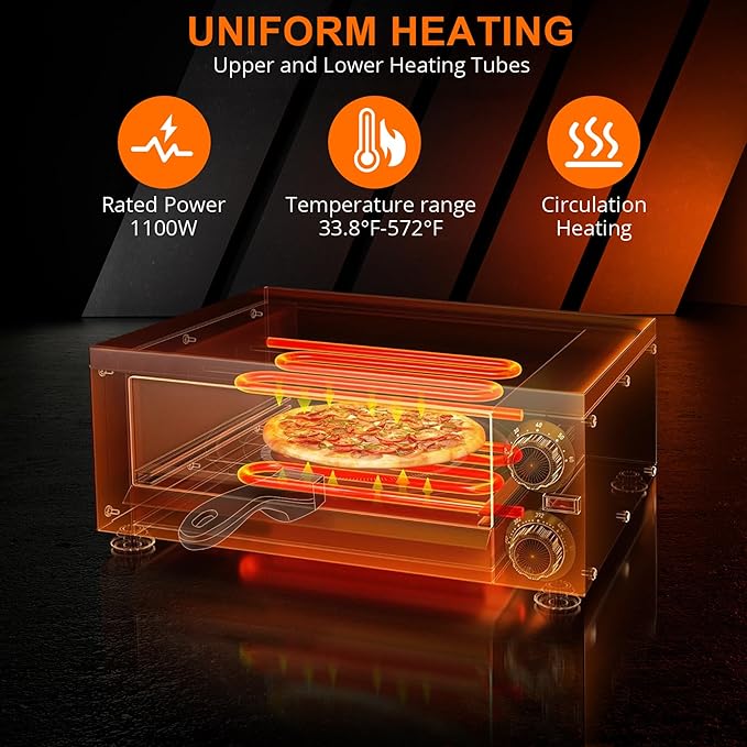 Commercial Pizza Oven Countertop, 1100W Stainless Steel Electric Pizza Oven, Indoor Pizza Maker with Timer/Crumb Tray, Single Deck Layer Pizza Cooker for Restaurant Home