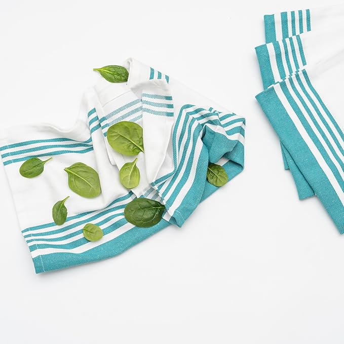 Teal Stripes Cotton Kitchen Towels - 6 Pack, 30"x20", 100% Cotton Teal Dish Towels with Hanging Loop - Lint-Free, Absorbent, Reusable, Washable, Large Size and Durable Dish Rags