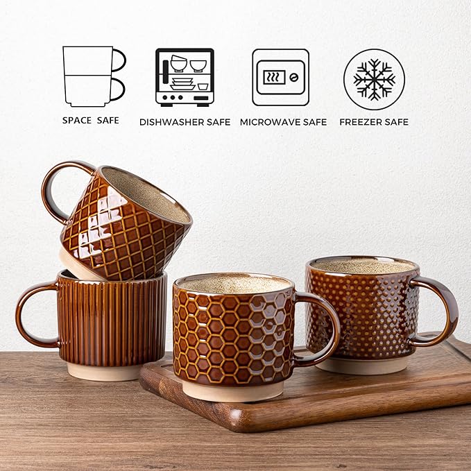 GBHOME 6 OZ Stackable Coffee Mugs, Ceramic Coffee Mugs with Texture Patterns for Man,Woman,Dad,Mom, Modern Coffee Cups Set of 4 for Espresso/Cappuccino. Dishwasher&Microwave Safe,