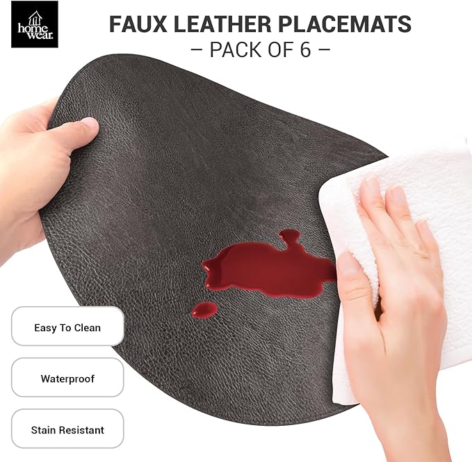 Placemats Set of 6 – Round 15” Faux Leather Table Mats for Dining, Heat Resistant & Non-Slip Washable Table Decor, Indoor, Outdoor, Dining Table Set for 6, Modern Kitchen & Holiday Use,Black