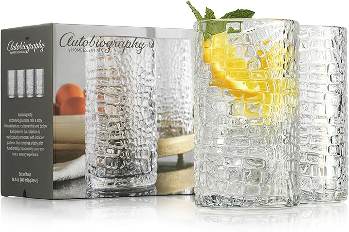 Glaver's Highball Drinking Glasses, Set of 4 Clear 15 Ounce Crackle Design Textured Drinking Glasses Heavy Duty Basic Set for Everyday Home, Bar use for Water Juice Cocktails Smoothies.