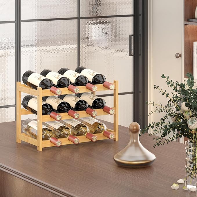 Wine Rack Countertop for 12 Wine Bottles, Small Bamboo Free Standing Racks Tabletop Display, Wooden Wine Storage Organizer for Cabinet Pantry Kitchen Bar Home Dining Room (Natural)