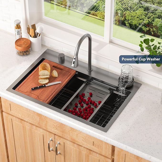 Lordear 33 Waterfall Kitchen Sink Black 33"x22" Drop In Kitchen Sinks Workstation Gunmetal Black 16 Gauge Single Bowl Topmount Handmade Sinks with Pull Out Faucet,Split Faucet Style