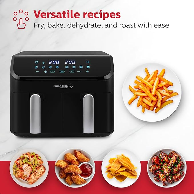 Holstein Housewares 9.5 QT Dual Basket Digital Air Fryer, Independent Controls - Non-Stick, Healthy Cooking with Less Oil, 8 Presets, Fry, Roast, Bake & Grill, LED Display & Dishwasher-Safe Parts