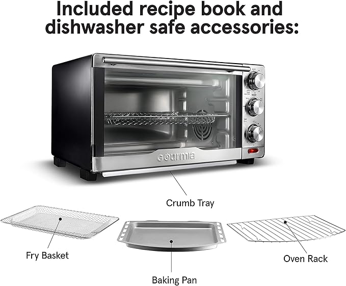 Gourmia GTF7350 6-in-1 Multi-function, Stainless Steel Air Fryer Oven - 6 Cooking Functions - Fry Basket, Oven Rack, Baking Pan & Crumb Tray, Included + Recipe Book