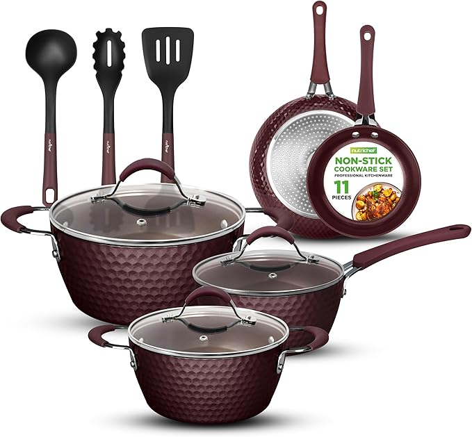 NutriChef Nonstick Cookware Excilon Home Kitchen Ware Pots & Pan Set with Saucepan Frying Pans, Cooking Pots, Lids, Utensil PTFE/PFOA/PFOS free, 11 Pcs, Purple Diamond, One size