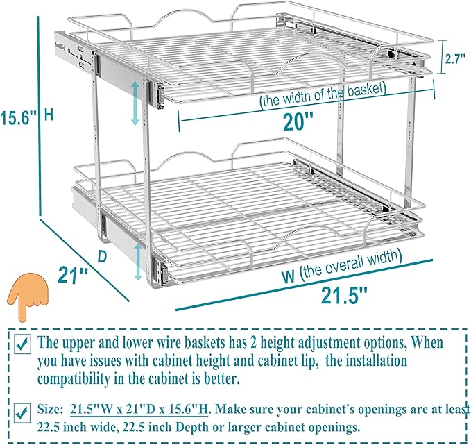 OCG 2 Tier Pull Out Cabinet Organizer (21.5" W x 21" D), Pull Out Drawers for Kitchen Cabinets, Pull Out Shelves for Base Cabinet Organization in Kitchen Bathroom Pantry, Chrome Finish
