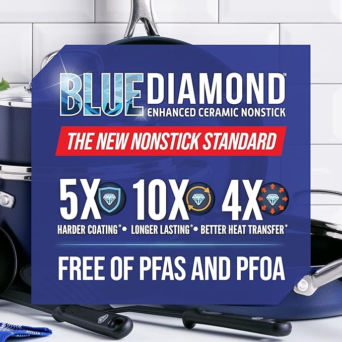 Blue Diamond 20 Piece Nonstick Cookware Set, Diamond Ceramic Pots & Pans, Dishwasher & Metal Utensil Safe, Non Toxic PFAS-Free, Kitchen Cooking Sauce & Saute Pans, Oven & Broiler to 600F, Blue