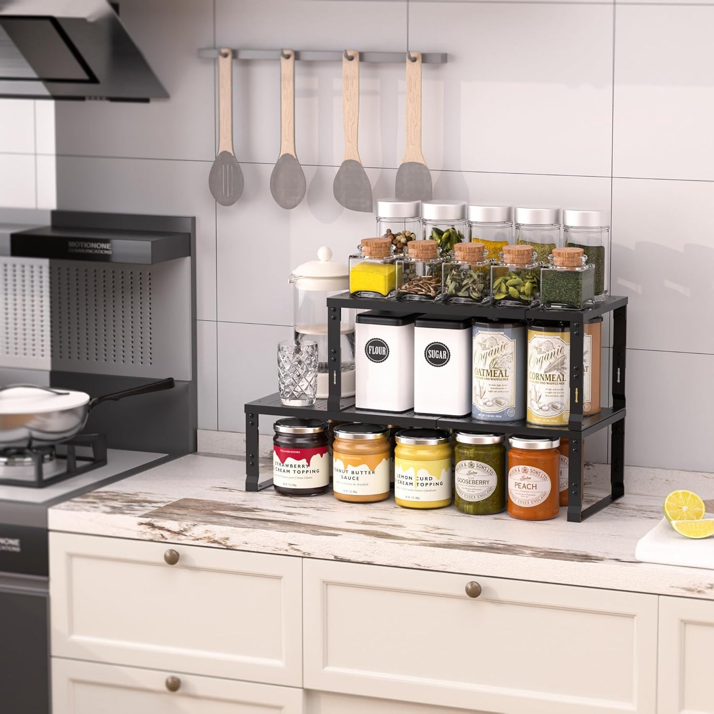 Heavy-Duty Adjustable Metal Shelf Organizer - Expandable & Stackable Pantry Storage Rack for Kitchen, Bathroom, RV, Cabinets(1 Pack/Black, Large)