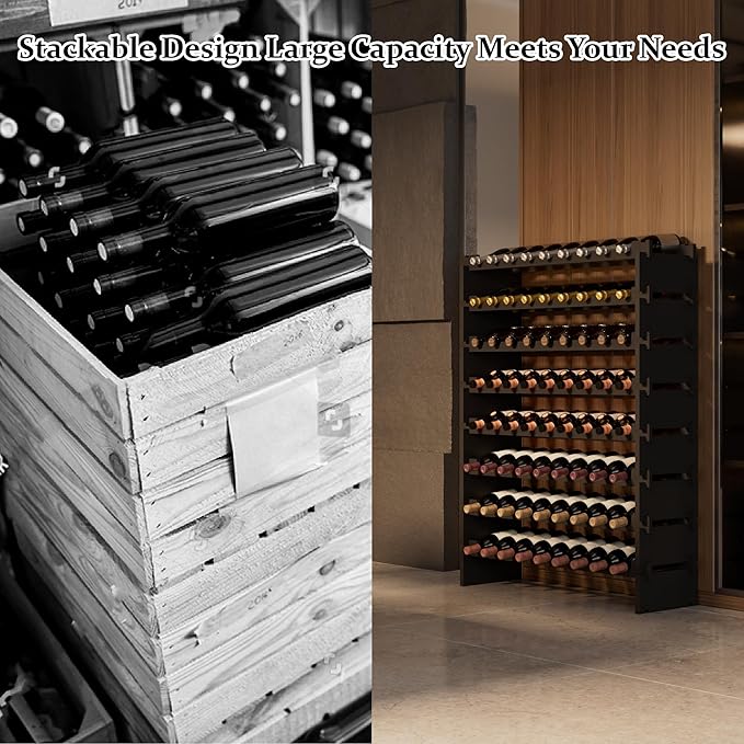 Bambloom Wine Rack Freestanding Floor, Wooden Stackable Bottle Storage Rack for Kitchen,Cellar. 72 Bottles Wine Holder Display Shelves for Champagne(Black)