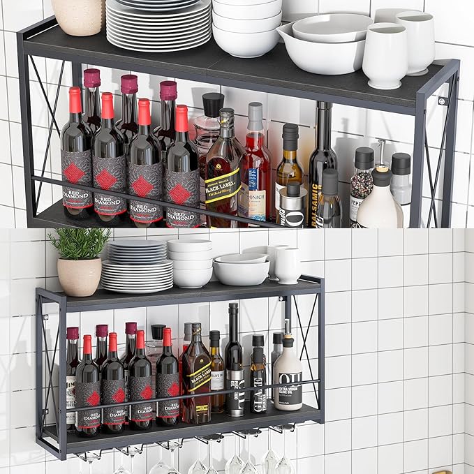 Dokser Wine Rack Wall Mounted Shelf - 2 Tier, Rustic Wood & Industrial Iron Frame Wine Bottle Holder for Kitchen, Dining Room, Home Bar Decor (Black)
