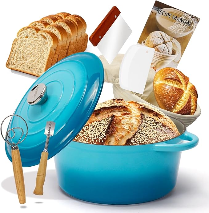 5QT Enameled Cast Iron Bread Oven with Proofing Basket for Sourdough Bread Baking, Bread Making Supplies Tools,Heavy-Duty Cookware for Braising, Stews, Roasting, Bread Baking (Teal)