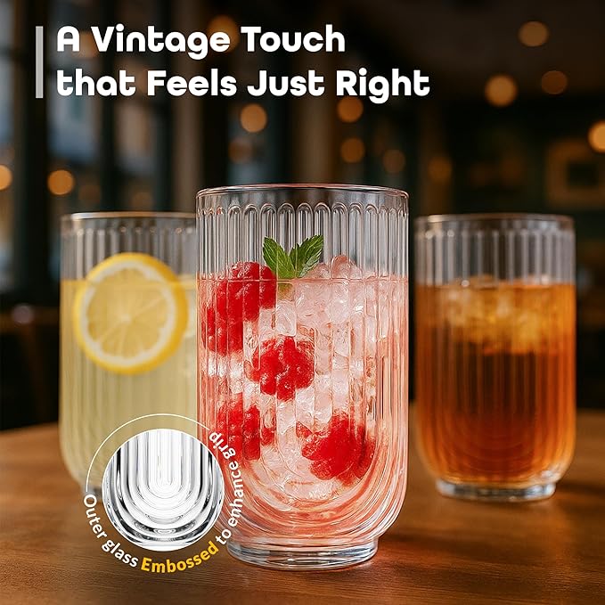 Glaver's Drinking Glasses Set of 8. 17oz Vintage Drinking Cups. Ripple Cocktail Glasses, Ribbed Drinking Highball Glass Cups. Arch Designed Art Deco Glassware for Water Juice Coffee. Package may Vary