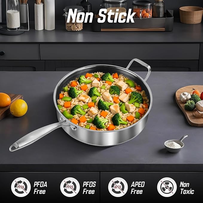 Frying Pans Nonstick wih Lid, Non Stick Tri-Ply Stainless Steel Saute Pan, 8 Quarts Large Sauté Pan, 13.5 Inch Induction Cooking Pan, Dishwasher and Oven Safe, PFOA Free