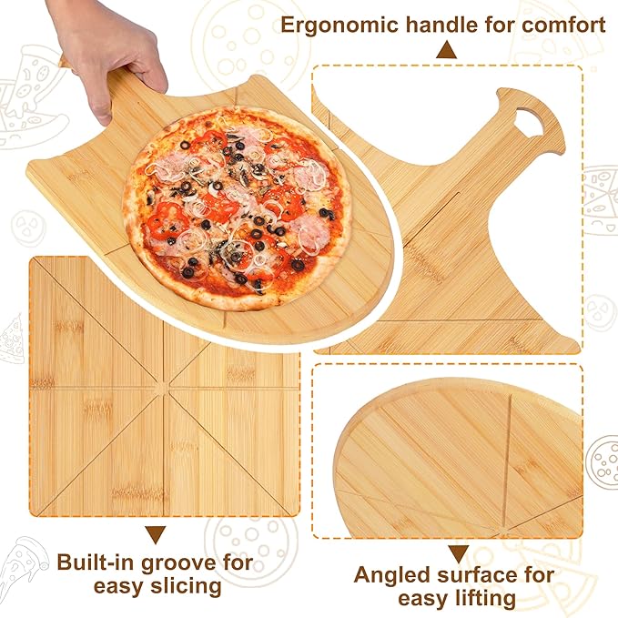 Pizza Peel Wooden, 2 Pack of 12 Inch Pizza Spatula Wood Non-Stick, Bamboo Pizza Paddle as Cutting Board with Cutting Grooves for Easy Pizza and Bread Making