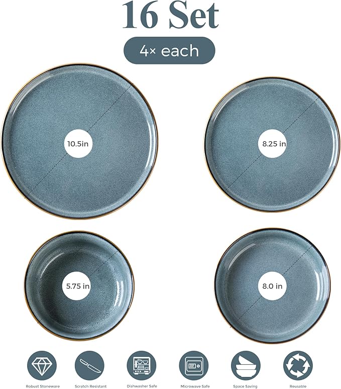 GBHOME 16 Pieces Double Bowls Ceramic Dinnerware Sets for 4, Stoneware Plates and Bowls Set with Reactive Glaze, Scratch Resistant Stoneware Dishes Set, Dishwasher & Microwave Safe