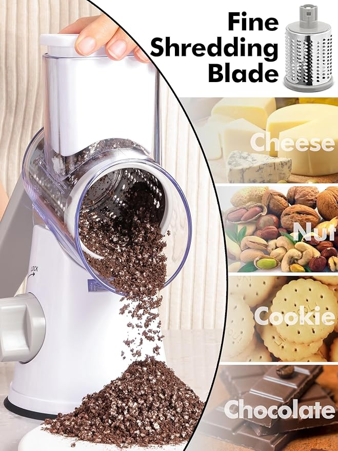Rotary Cheese Grater with Handle - 3 in 1 Cheese Shredder Rotary Grater Stainless Steel Handheld, Vegetable Slicer for Fruit, Cheese, Nuts(White)