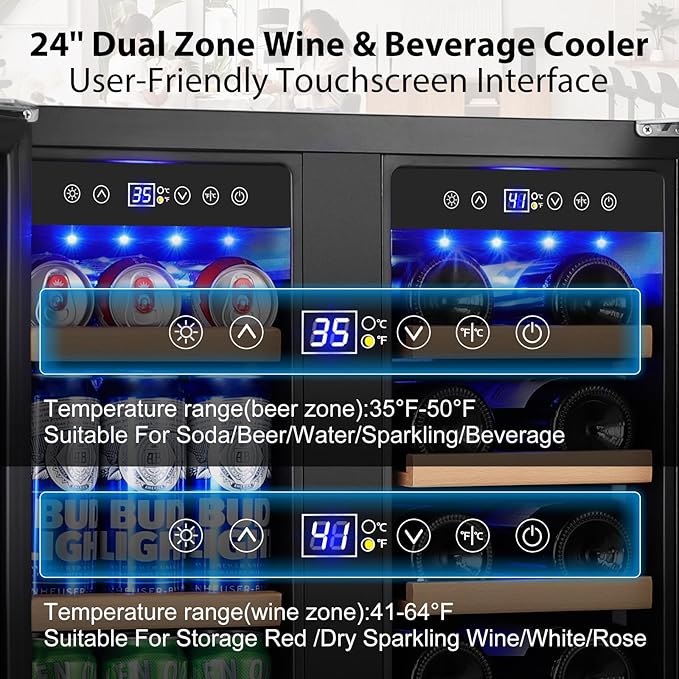 24 Inch Dual Zone Wine and Beverage Refrigerator, Built-in or Freestanding Cooler with French Doors, Under Counter Drink Fridge with Upgraded Compressor for Beer, Wine, and Soda