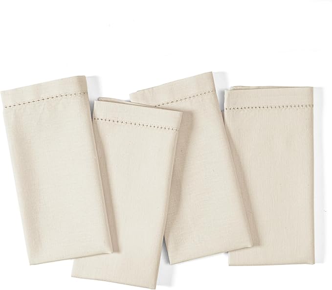 Ramanta Home Natural Cloth Dinner Napkin Set of 4-20x20 Inch, Premium Cotton Linen Flax Hemstitched Napkins, Soft Durable Washable for Everyday Use Thanksgiving Christmas Parties Halloween