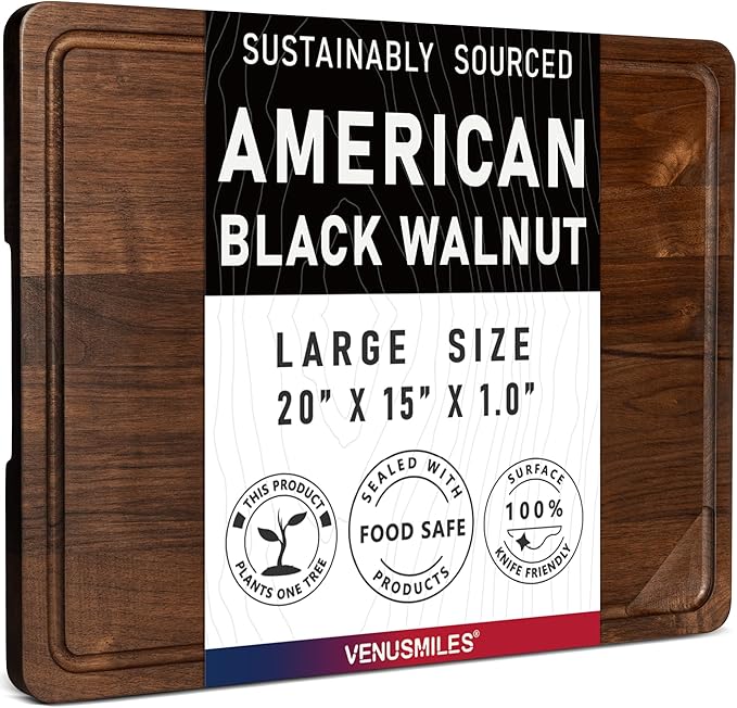 Walnut Wood Cutting Board for Kitchen with Deep Juice Groove & Side Handles, 20”L x 15”W x 1”H, Handcrafted North American Black Walnut Wood Grain, Large Chopping Board, Reversible Butcher Block