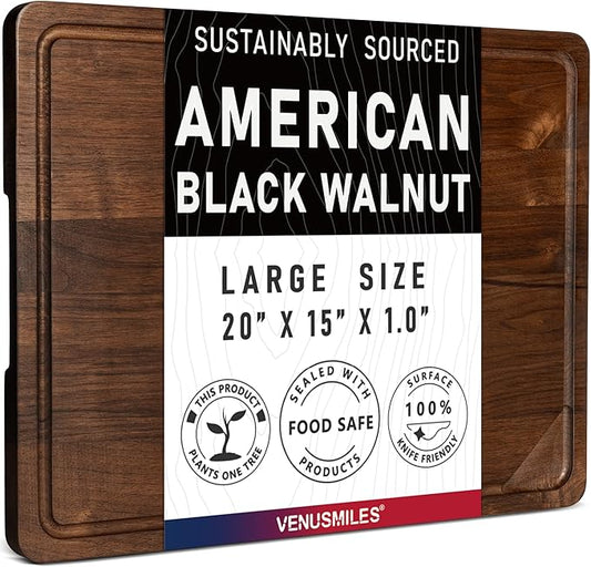 Walnut Wood Cutting Board for Kitchen with Deep Juice Groove & Side Handles, 20”L x 15”W x 1”H, Handcrafted North American Black Walnut Wood Grain, Large Chopping Board, Reversible Butcher Block