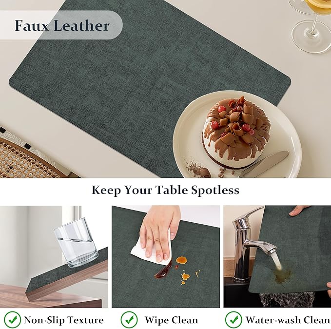 FROMHEART Faux Leather Placemats Set of 8–Waterproof,Heat/Oil Stain-Resistant PU Table Mat–Reversible,Non-Slip,Easy to Clean Place Mats for Kitchen,Dining,Indoor/Outdoor,(Dark Green,11.8" x 17")
