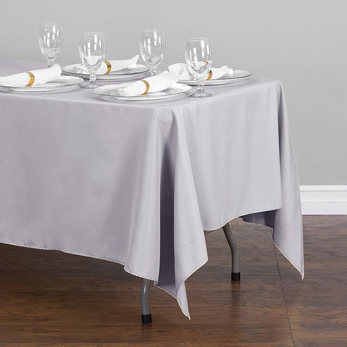 LTC LINENS 10 Pack Rectangular Tablecloths Silver 70 x 120 Inch for 6 or 8 ft Rectangle Banquet Tables with Half-Drop - Stain and Wrinkle Resistant Polyester Cloth Table Covers for Wedding, Party