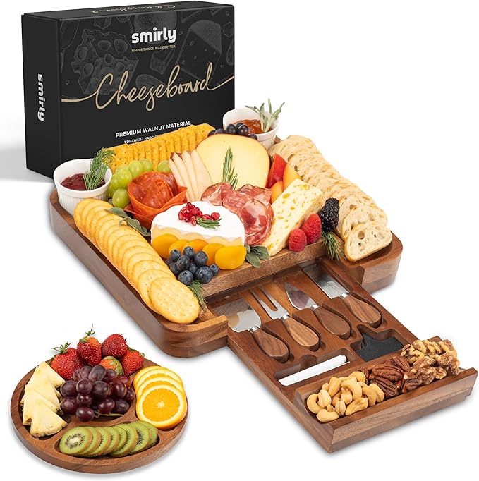 SMIRLY Charcuterie Boards Set, Large Cheese Board Set, Natural Walnut Wood Charcuterie Tray with Accessories - Housewarming Gifts New Home, Wedding & Bridal Shower Gifts for Women, Couples